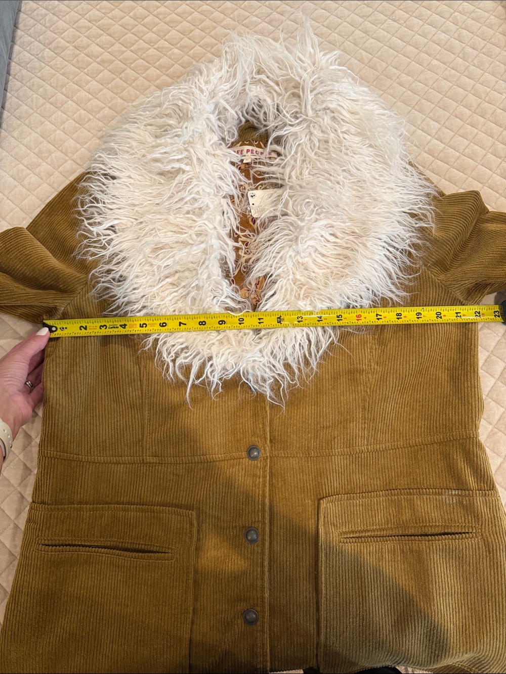 Free People golden brown Corduroy Jacket with off white/Cream Faux Fur Shawl - Picture 10 of 11